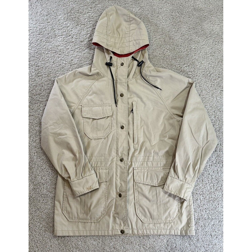 Vintage Eddie Bauer Jacket Women’s Medium Barn Khaki Chore Coat Full Zip Hooded